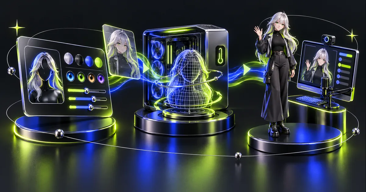 角色表單的髮色與眼色選項經本機 GPU 產生概念圖與 3D 臉型，完成的角色出現在直播畫面。